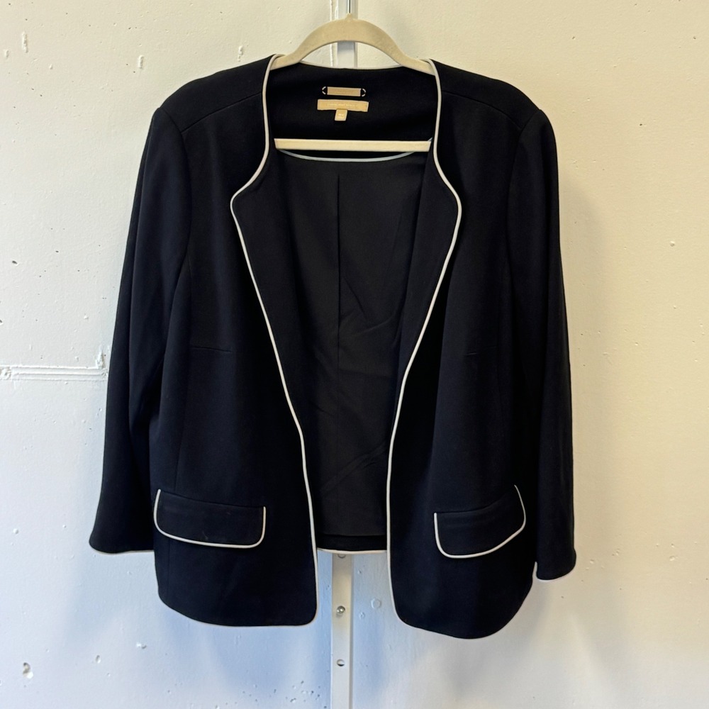 Talbots Women's 16W Black Italian Knit Contrast Piping Open Front Blazer Jacket